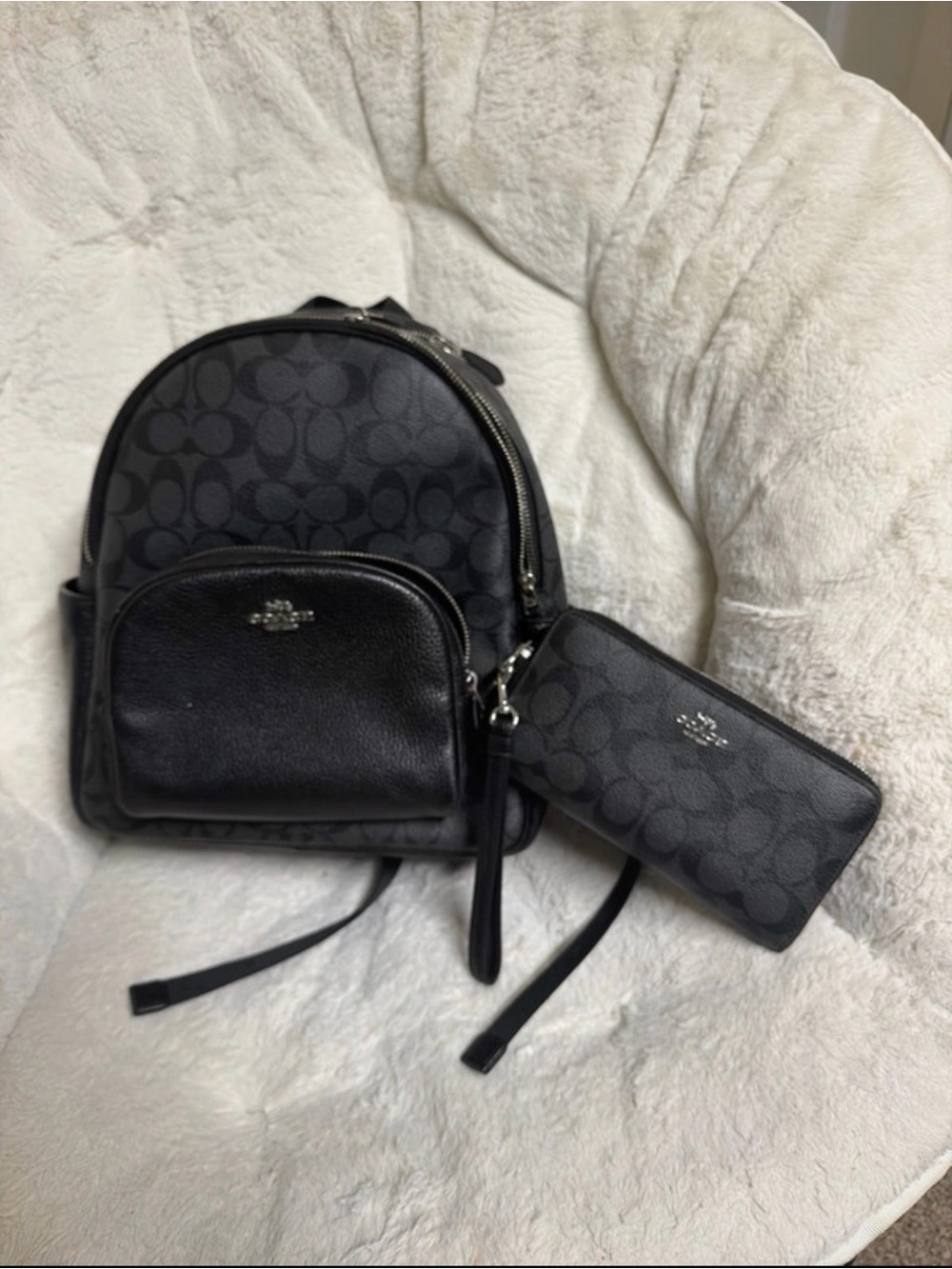Coach Black and Gray Signature Mini Backpack with Zip Wallet